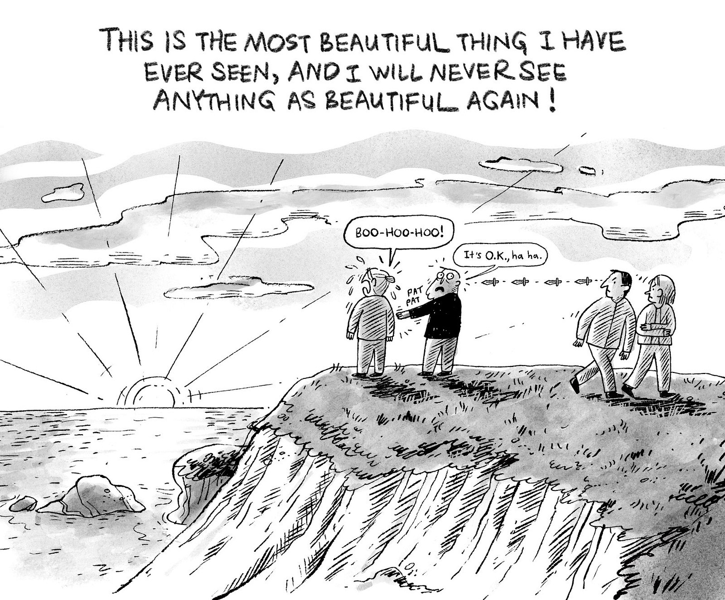 Woman standing at the edge of a cliff and crying.