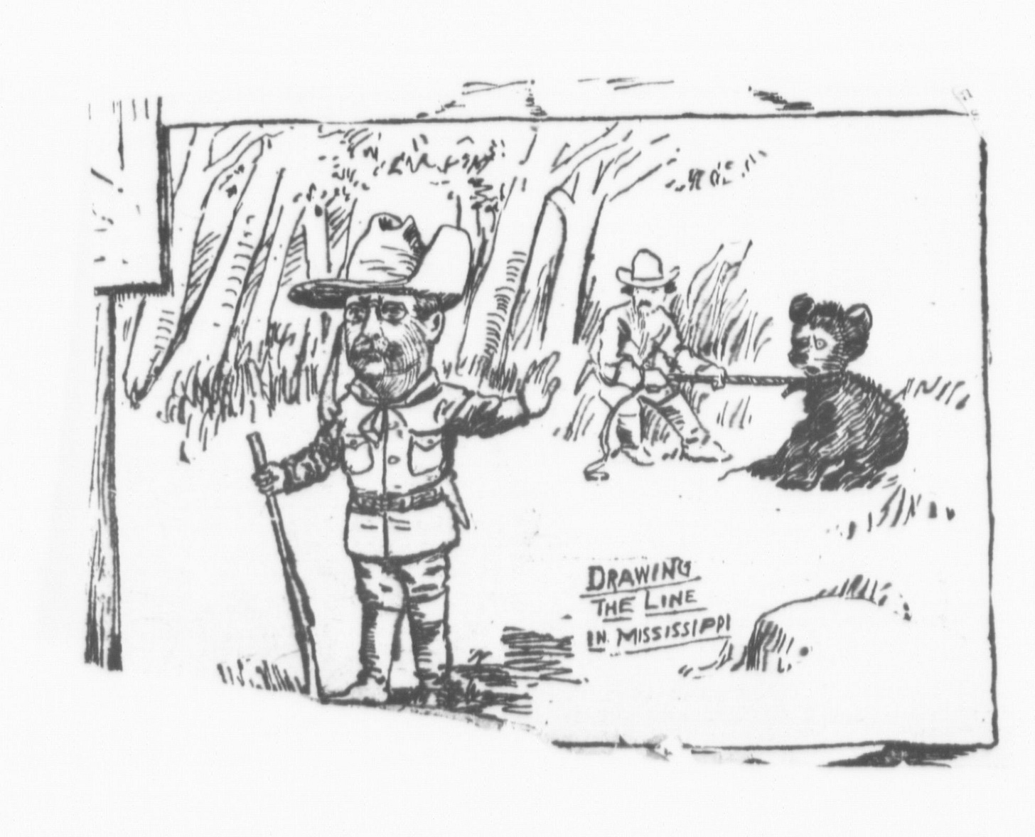 A cartoon of Theodore Roosevelt refusing to shoot a bear that is tied up. The cartoon is entitled "Drawing the Line in Mississippi."