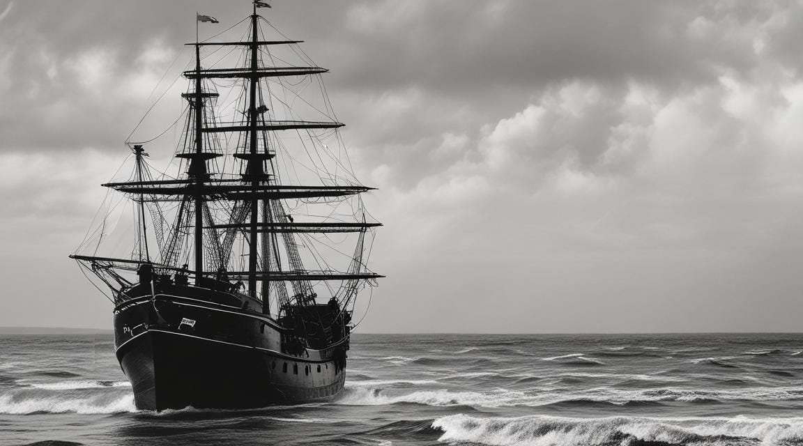 An old ship floating in an ominous part of the ocean