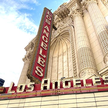 Photos of interiors and exteriors of historic theaters on Broadway in Los Angeles