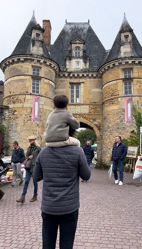 Three photos from an outdoor brocante antiques market on the grounds of a historic château in Durtal, France, with tables of vintage goods.