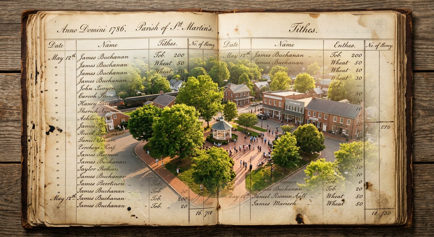 A conceptual double-exposure image blending the structured, ink-lined pages of an antique financial ledger with a vibrant, sunlit scene of a community park in Virginia. The image represents the shift from administrative logic to communal connection.