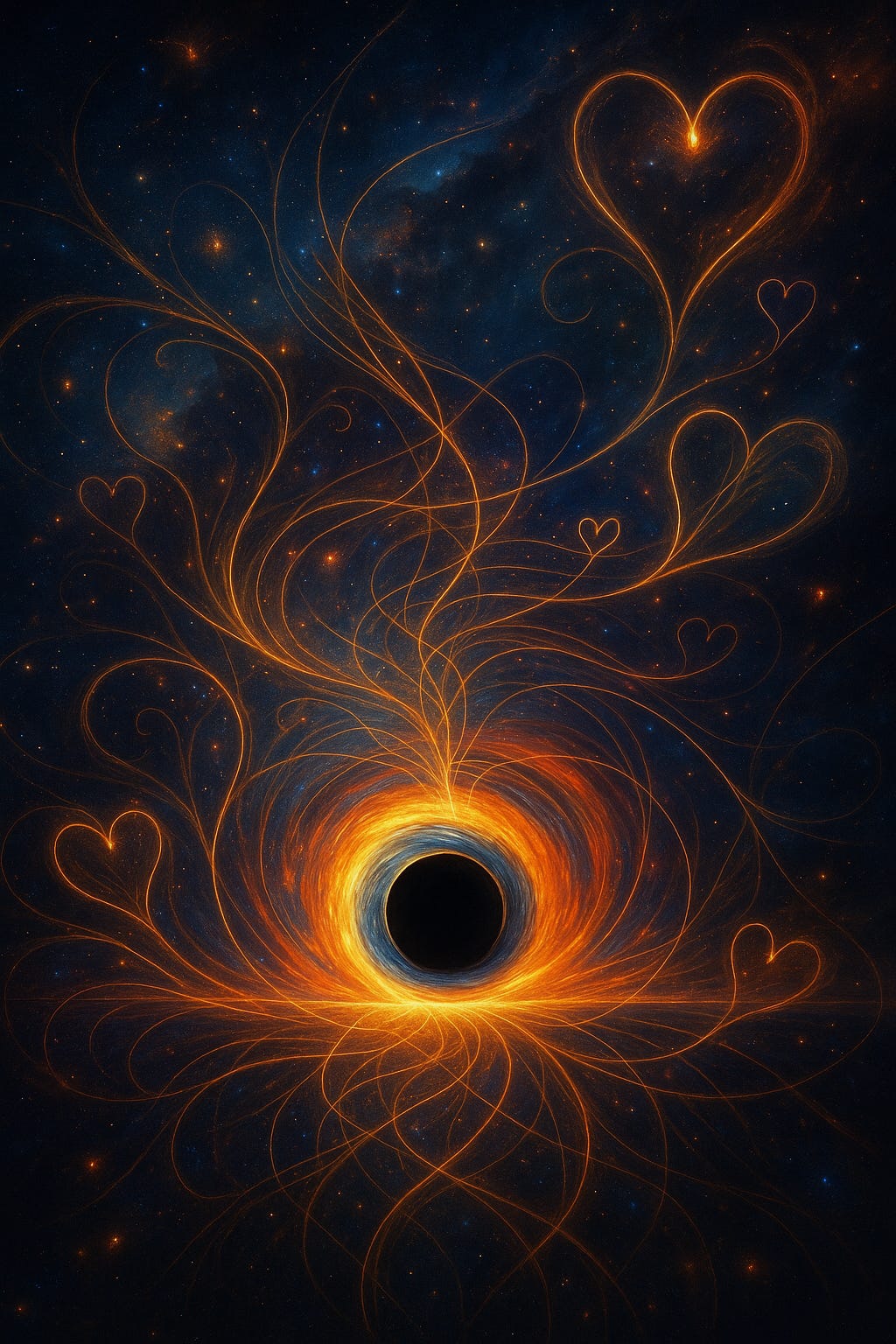 A surreal cosmic artwork of a black hole radiating golden-orange filaments of energy shaped like hearts, flowing outward into the starry expanse. The tendrils curve gracefully, symbolising love, coherence, and the weaving of harmonious relationships across the universe.