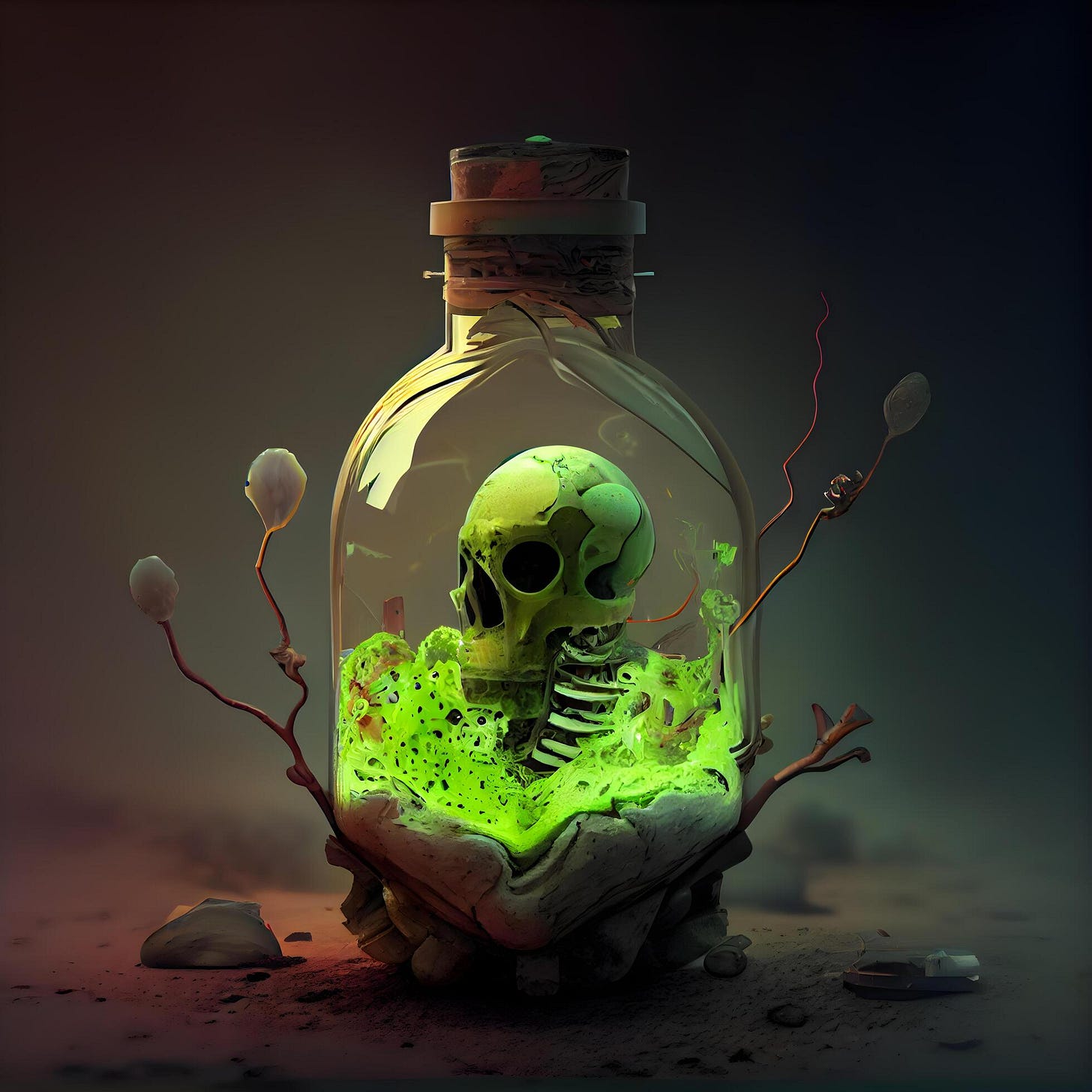 Human skull in a bottle with green potion. 3D illustration., Image ...