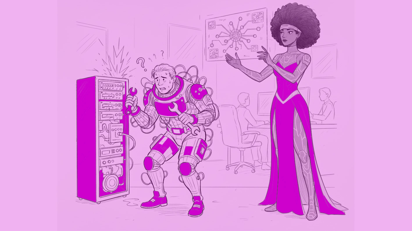 A man sweats wearing a space suit fixing a server which has sparks coming out. A woman with afro hair and flowing dress looks relaxed surveyed a transparent futuristic diagram. Image co-created with AI using Gemini Nano Banana