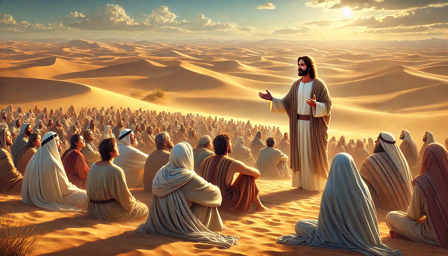 A serene and inspirational scene of Jesus preaching to a large crowd in the desert. Jesus is depicted as a central figure with a radiant and compassionate expression, wearing simple robes. The people in the crowd are a diverse group, including men, women, and children, sitting on the sandy ground and listening attentively. The desert setting is vast, with golden sand dunes and sparse vegetation under a clear blue sky. The mood is peaceful and reverent, with a sense of hope and connection in the atmosphere.