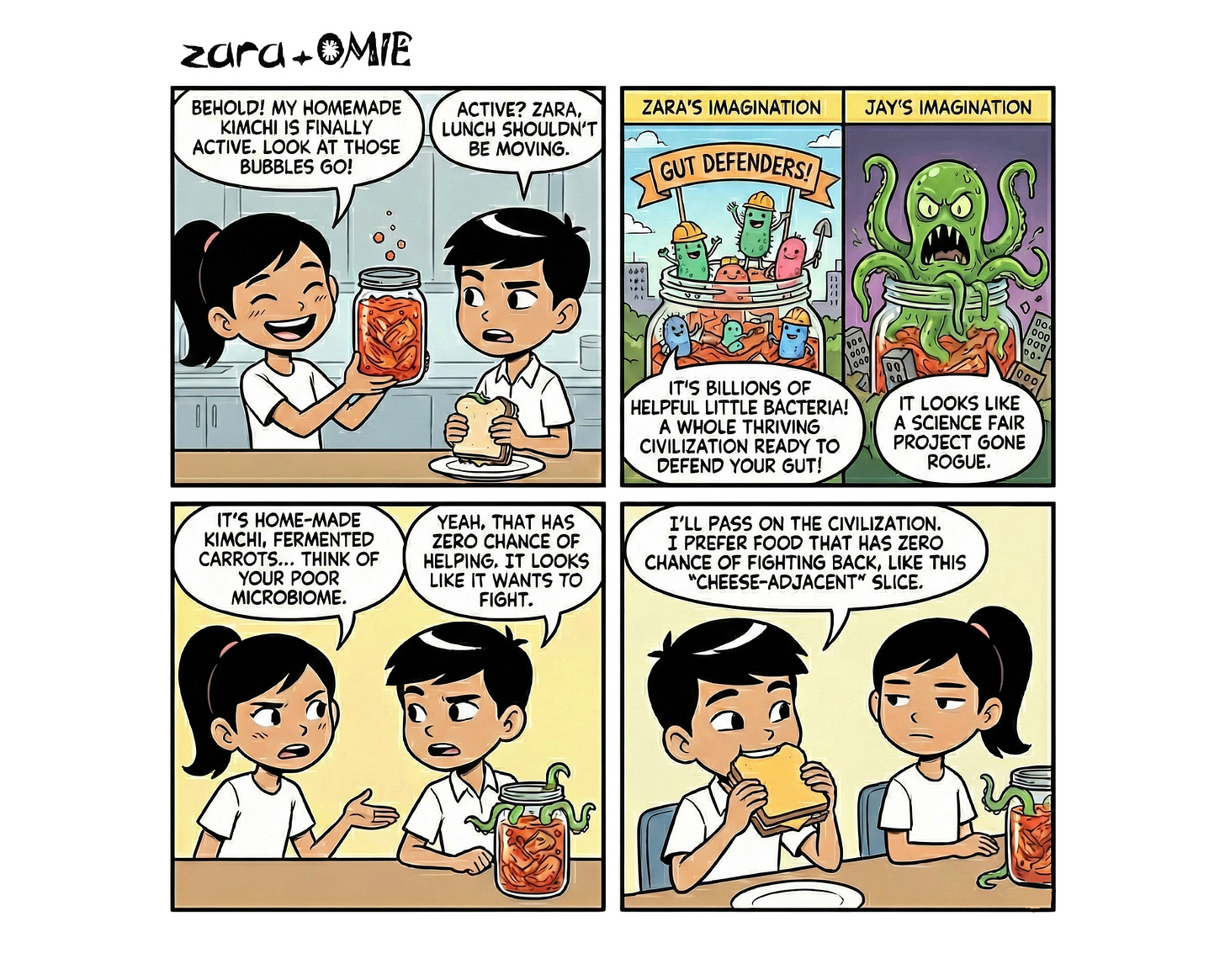 Zara proudly showing bubbling homemade kimchi while Jay looks skeptical. Zara imagines friendly microbes defending the gut; Jay imagines a scary green creature. Jay chooses a plain cheese slice instead as Zara looks unimpressed.