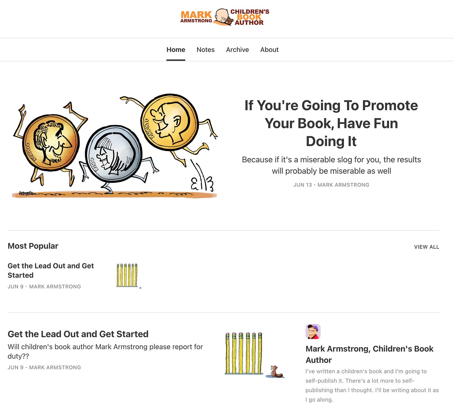 Screenshot of website for the Substack publication "Mark Armstrong, Children's Book Author," with corresponding wordmark at the top.