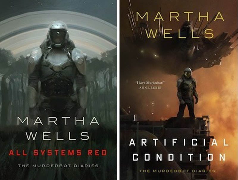 covers of the first two Murderbot novellas, 'All Systems Red' and 'Artificial Condition.' Murderbot is depicted wearing high-tech armor, its helmet glass obscuring its face covers of the first two Murderbot novellas, 'All Systems Red' and 'Artificial Condition.' Murderbot is depicted wearing high-tech armor, its helmet glass obscuring its face