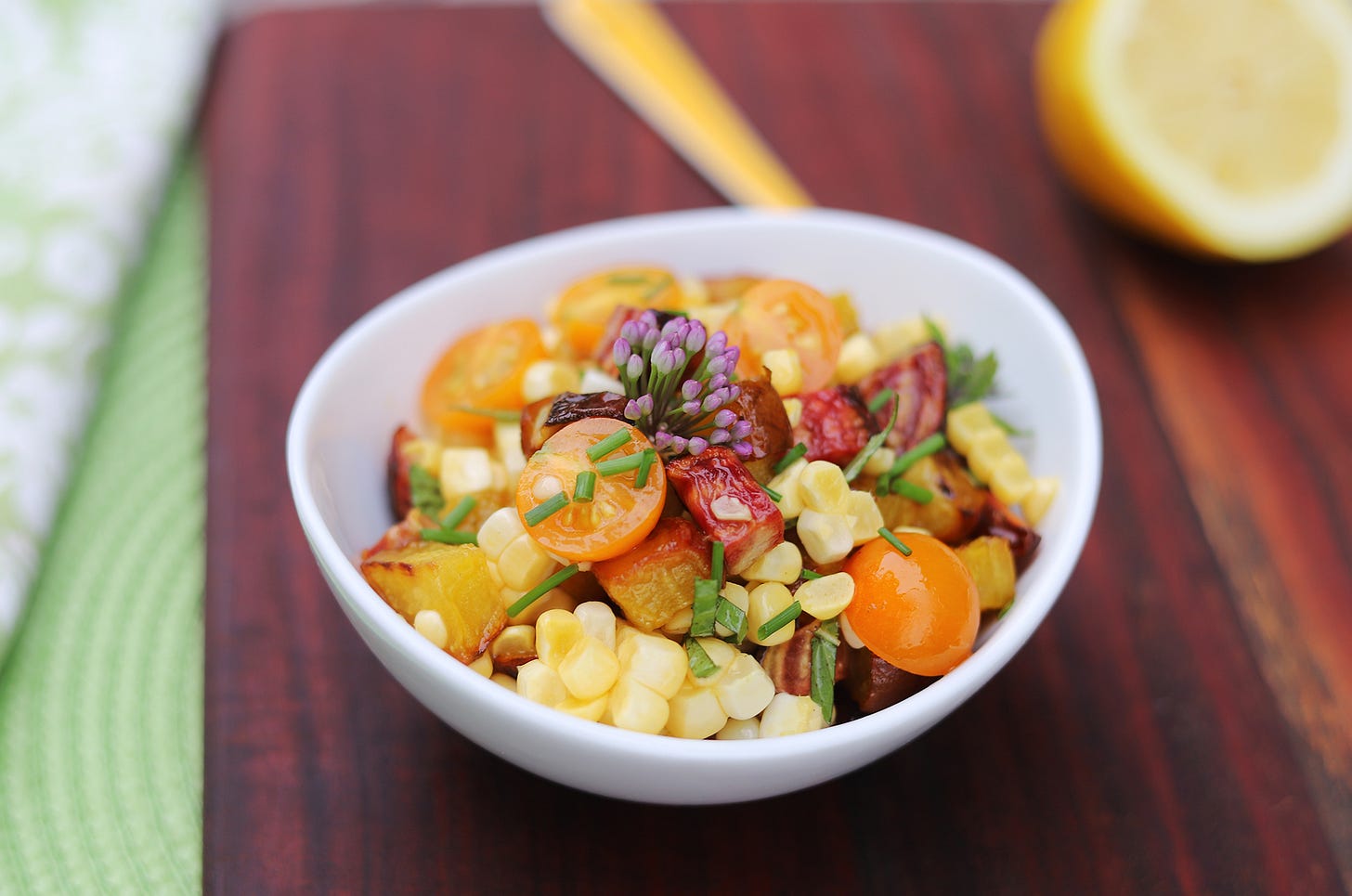 Quick Roasted Beet, Corn & Sungold Salad with Citrus Dressing.