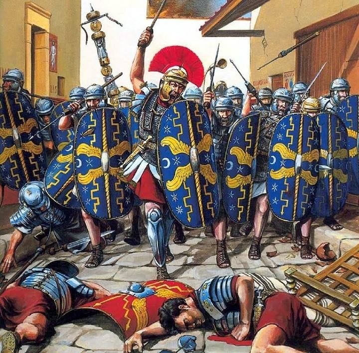 This may contain: a painting of men in roman armor with swords and shields on the ground, surrounded by other men This may contain: a painting of men in roman armor with swords and shields on the ground, surrounded by other men