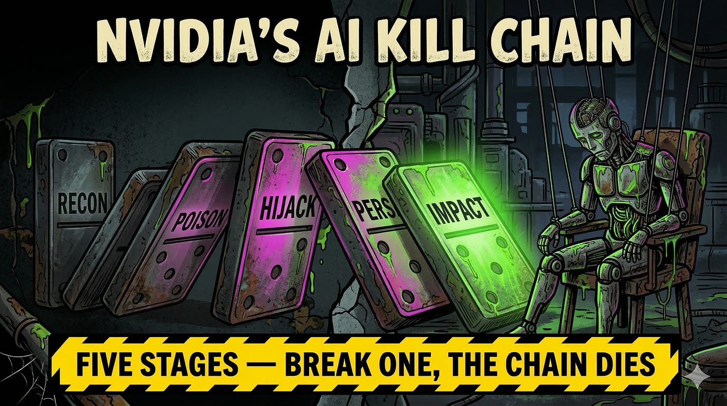 NVIDIA AI kill chain five stages recon poison hijack persist impact agentic AI attack model prompt injection tool abuse