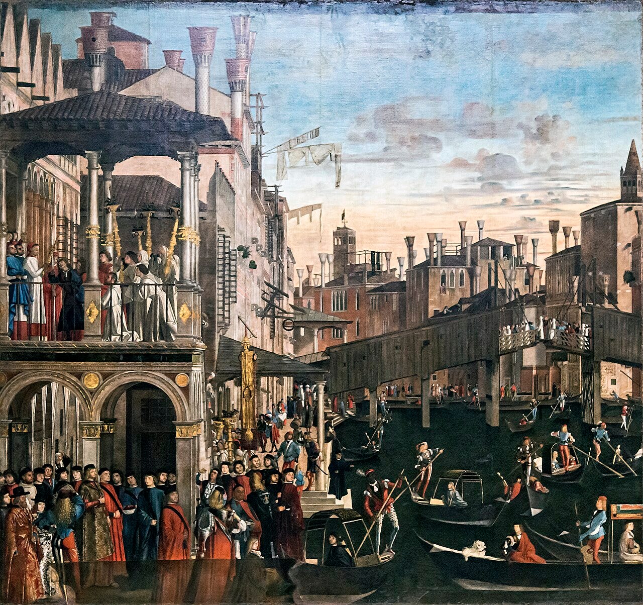 A healing on a balcony above the Grand Canal by the old wooden Rialto A healing on a balcony above the Grand Canal by the old wooden Rialto