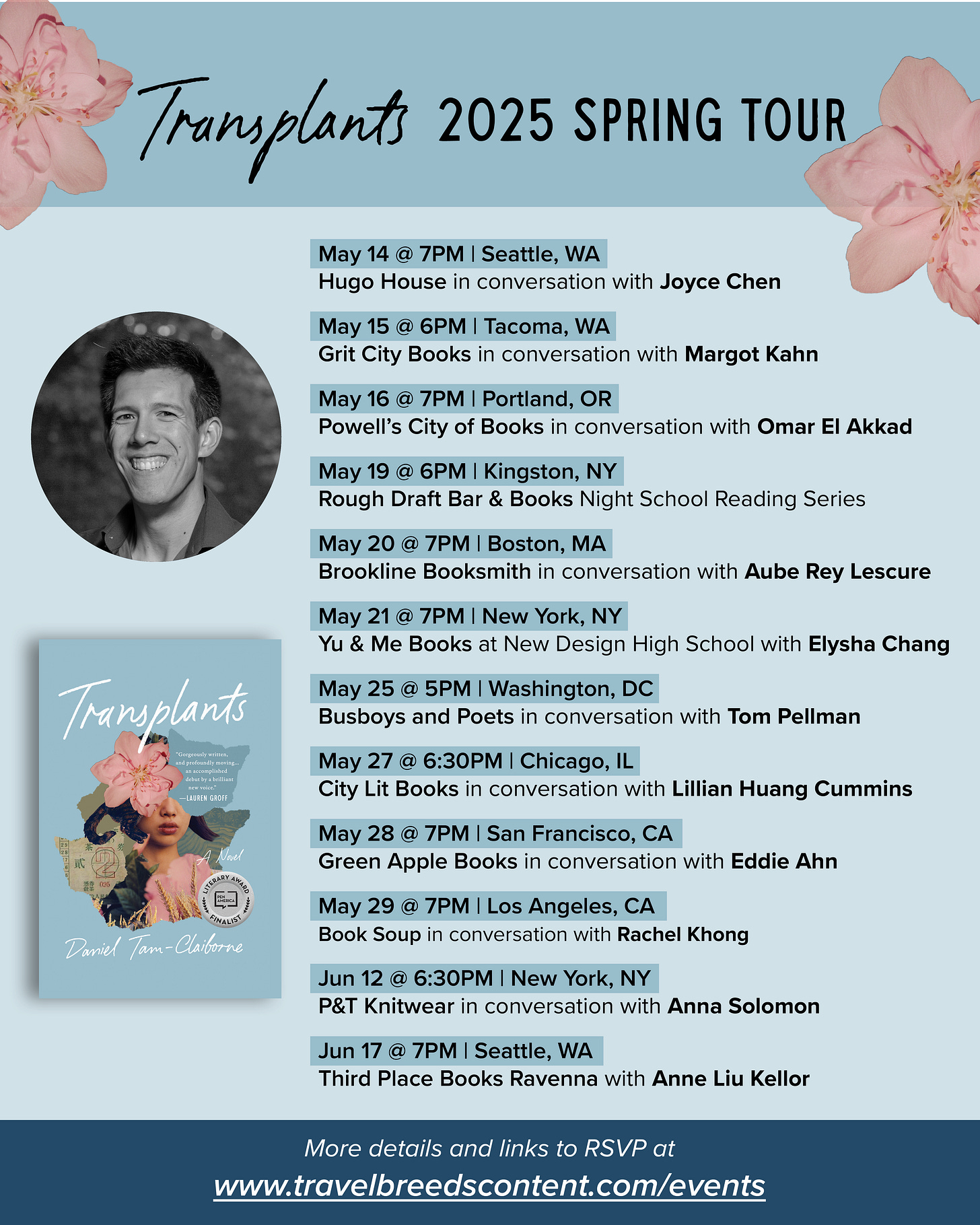 A list of upcoming events for Daniel Tam-Claiborne's book tour. Visit https://www.travelbreedscontent.com/events for the full details. A list of upcoming events for Daniel Tam-Claiborne's book tour. Visit https://www.travelbreedscontent.com/events for the full details.