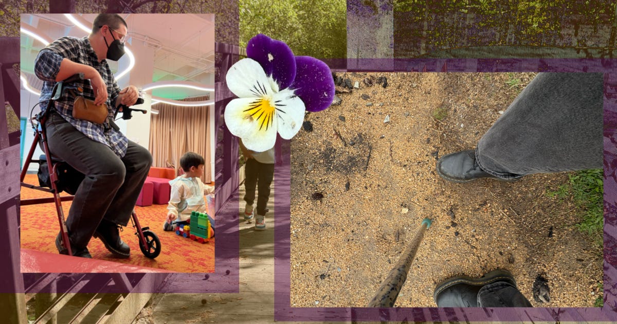 A collage. In the background, a photo of a child walking towards the camera on a bridge, his face is covered by a pansy. On the left, a picture of Emrhys, a white non-binary person with a buzzcut and black kn95 mask sits on a walker watching their kid, CB, who's out of focus, playing with lego trains. On the right, an image of black boots, black jeans and a cane. 