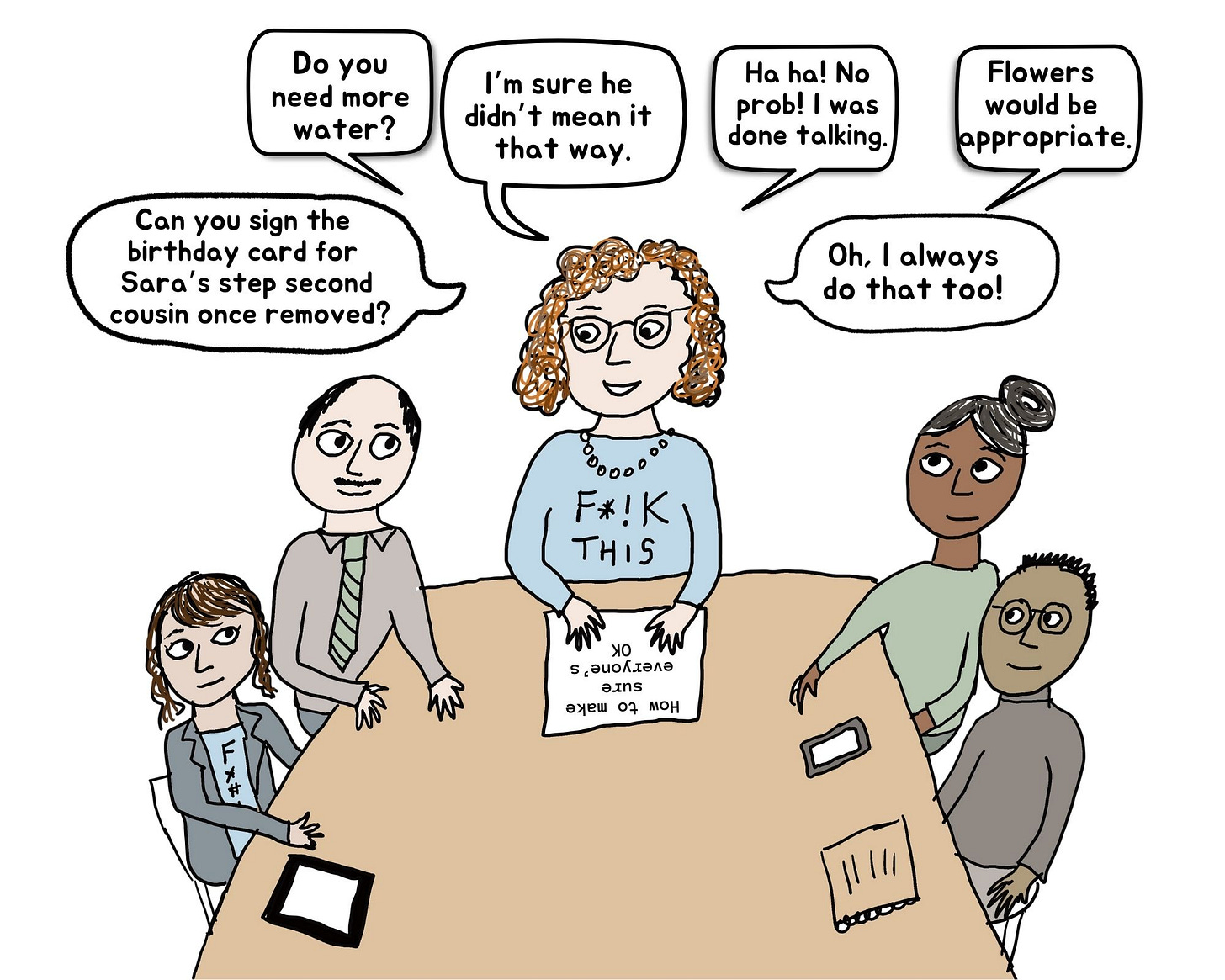 A drawing of a woman sitting at a conference table trying to emotionally manage the room A drawing of a woman sitting at a conference table trying to emotionally manage the room