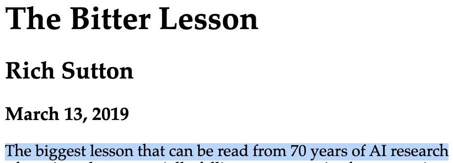 Pablo Samuel Castro on X: ""The biggest lesson that can be read from 70  years of AI research..." is how @RichardSSutton starts his "bitter lesson"  essay[1] what's a good reference that goes