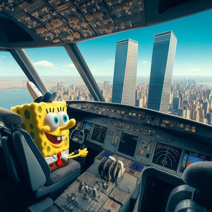 Bing-generated images of Kermit, Bart Simpson, Goku, Spongebob Squarepants, and Shinji Ikari and Asuka Langley doing 9/11