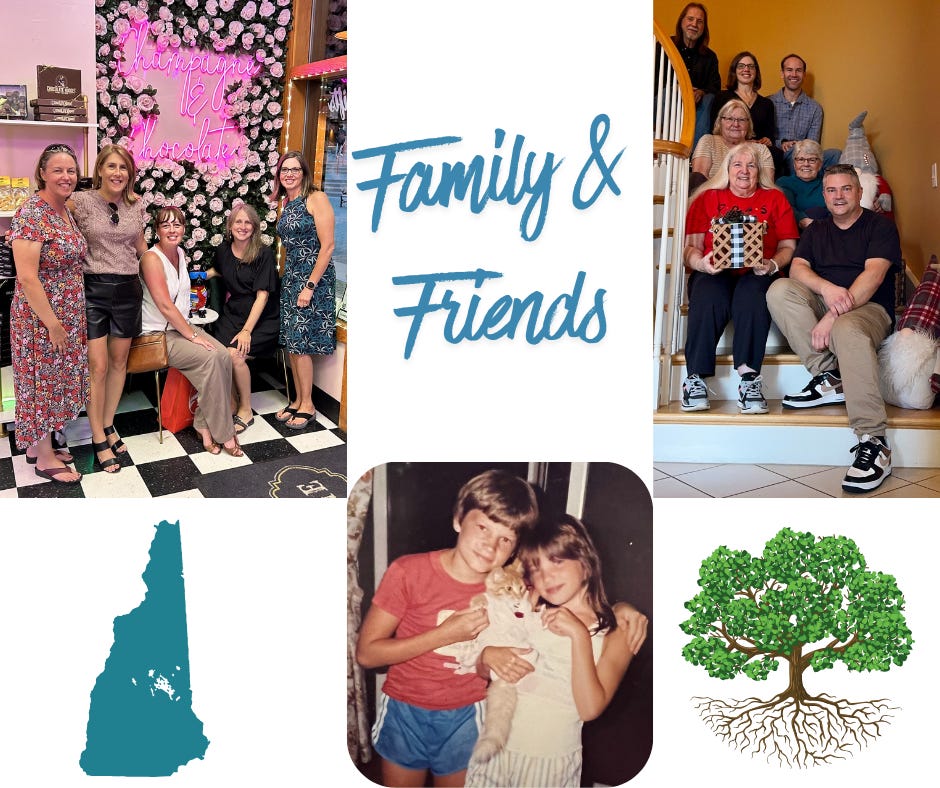 a collage of photos of family and friends, and graphics of the state of NH and a tree with roots