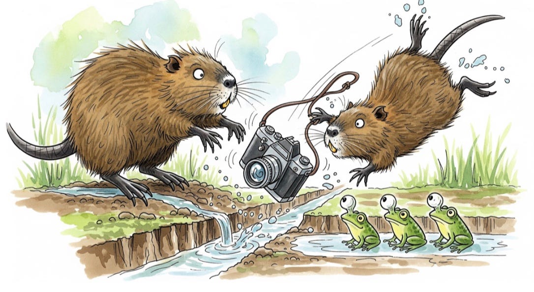 Pierre le Nutria! when he dropped his camera and fell.