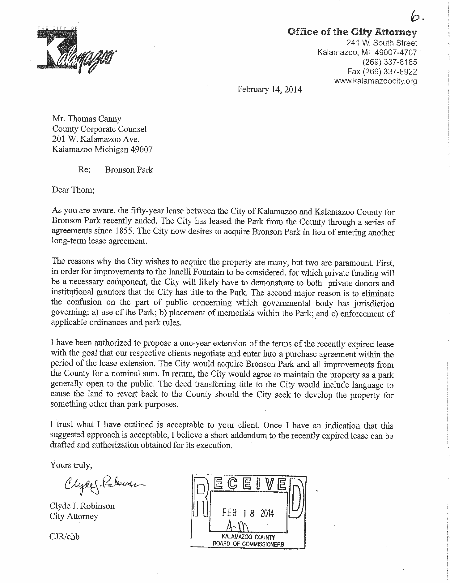 February 14, 2014 letter from Kalamazoo City Attorney Clyde Robinson to Kalamazoo County Corporate Counsel Tom Canney regarding purchase of Bronson Park. February 14, 2014 letter from Kalamazoo City Attorney Clyde Robinson to Kalamazoo County Corporate Counsel Tom Canney regarding purchase of Bronson Park.