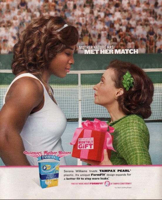 Serena Williams wearing a white tank top, standing on a tennis court with a crowd in the background. A woman in a green sweater and skirt holds a red gift box with a bow, standing close to Serena Williams. A Tampax Pearl product box is visible at the bottom left. Text on the image reads "MOTHER NATURE HAS MET HER MATCH," "MONTHLY GIFT," and "Serena Williams trusts TAMPAX PEARL." Serena Williams wearing a white tank top, standing on a tennis court with a crowd in the background. A woman in a green sweater and skirt holds a red gift box with a bow, standing close to Serena Williams. A Tampax Pearl product box is visible at the bottom left. Text on the image reads "MOTHER NATURE HAS MET HER MATCH," "MONTHLY GIFT," and "Serena Williams trusts TAMPAX PEARL."
