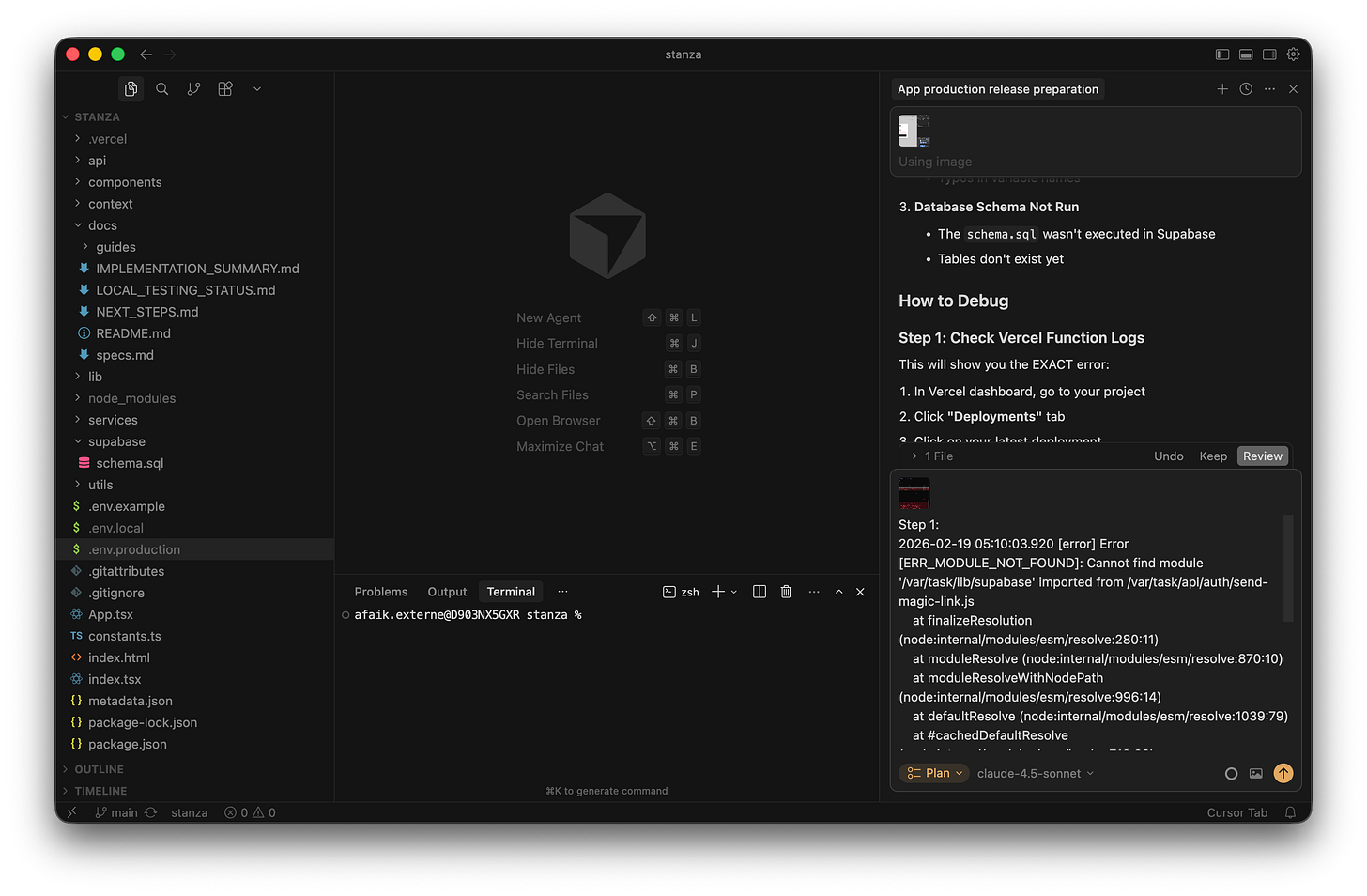 The Cursor chat panel shows the pasted error log and an explanation of the missing file extensions. The Cursor chat panel shows the pasted error log and an explanation of the missing file extensions.
