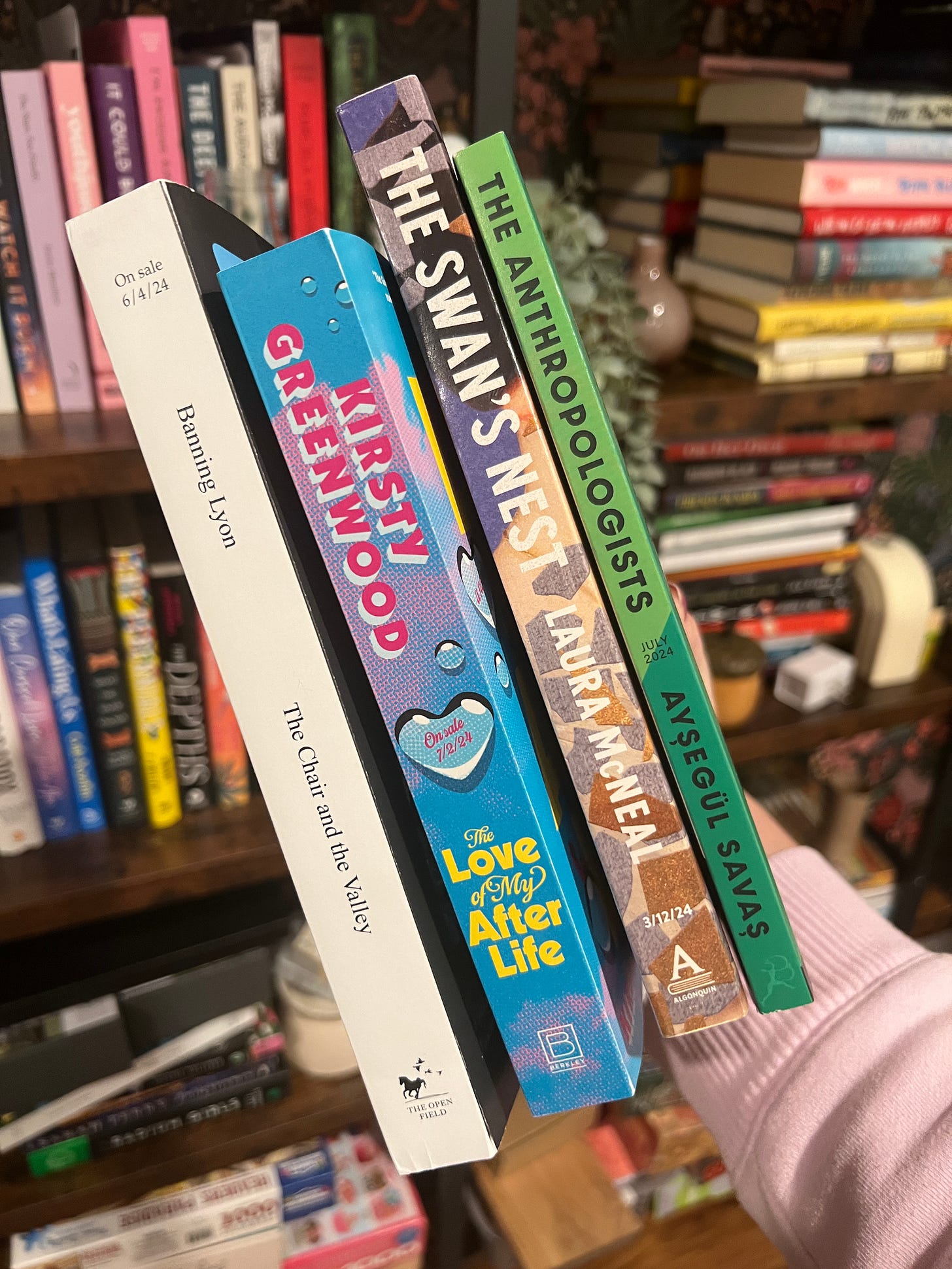 ARCs of The Chair and the Valley, The Love of my After Life, The Swan’s Nest, and The Anthropologists. ARCs of The Chair and the Valley, The Love of my After Life, The Swan’s Nest, and The Anthropologists.