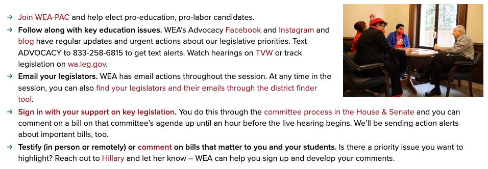 Screenshot of a section of the "Take Action and Get Involved" page of the Washington Education Assocation website. For a screen-reader accessible version of this content, follow the link in the caption.