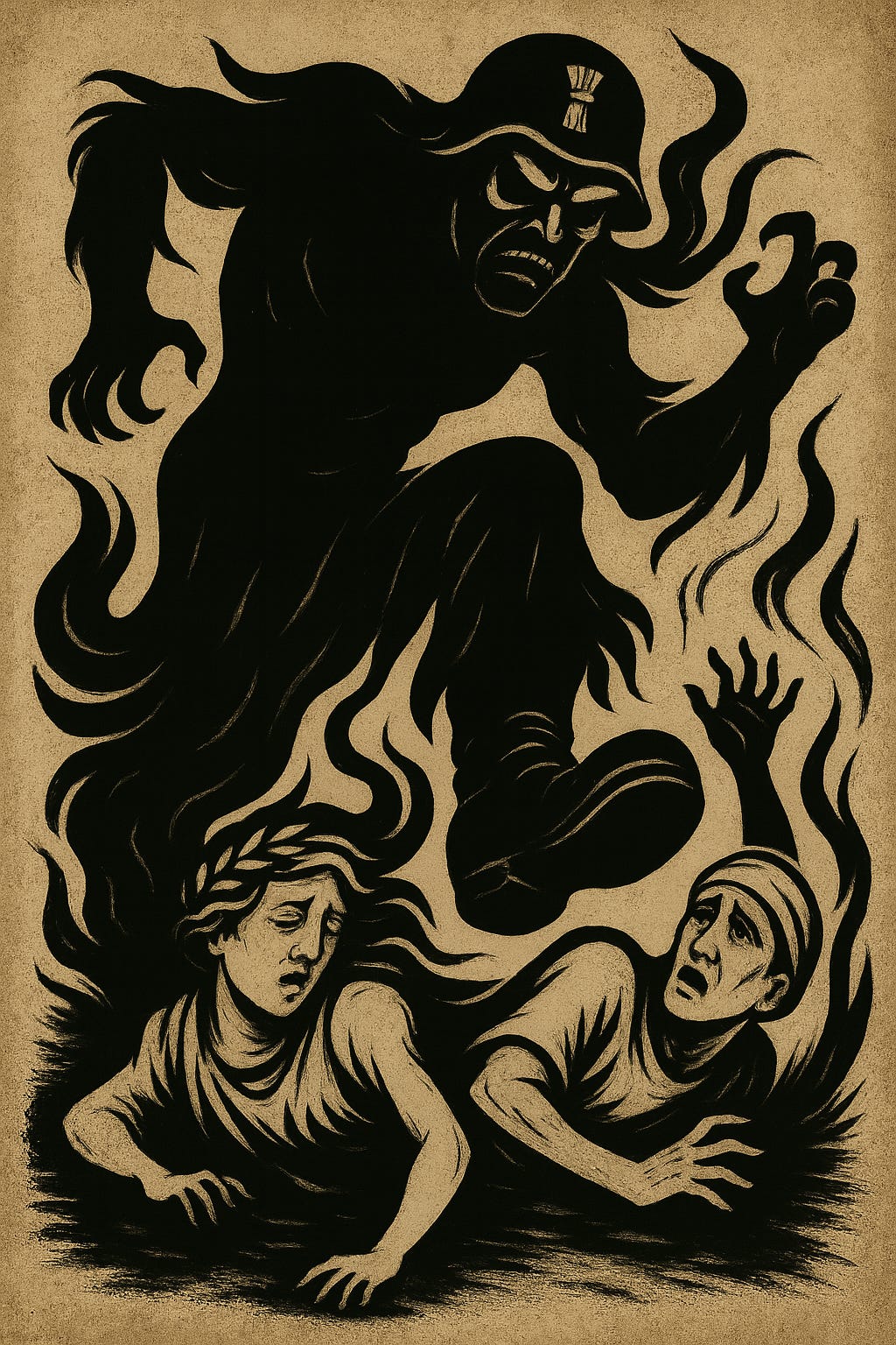 A woodcut-style political illustration depicts a towering, menacing figure symbolizing fascism, rendered in stark black ink with swirling, smoke-like limbs. The figure wears a military helmet marked with a fasces emblem, a symbol historically associated with Italian fascism. Its boot is lifted in mid-stomp over two distressed human figures below—one feminine, draped in classical robes and a laurel crown, and the other masculine, wearing a liberty cap. Both lie partially submerged in dark, turbulent ground, reaching upward in anguish. Stylized flames and flowing lines surround them, emphasizing their torment and the oppressive dominance of the central figure. The entire scene is set against a parchment-toned background, evoking historical propaganda art.