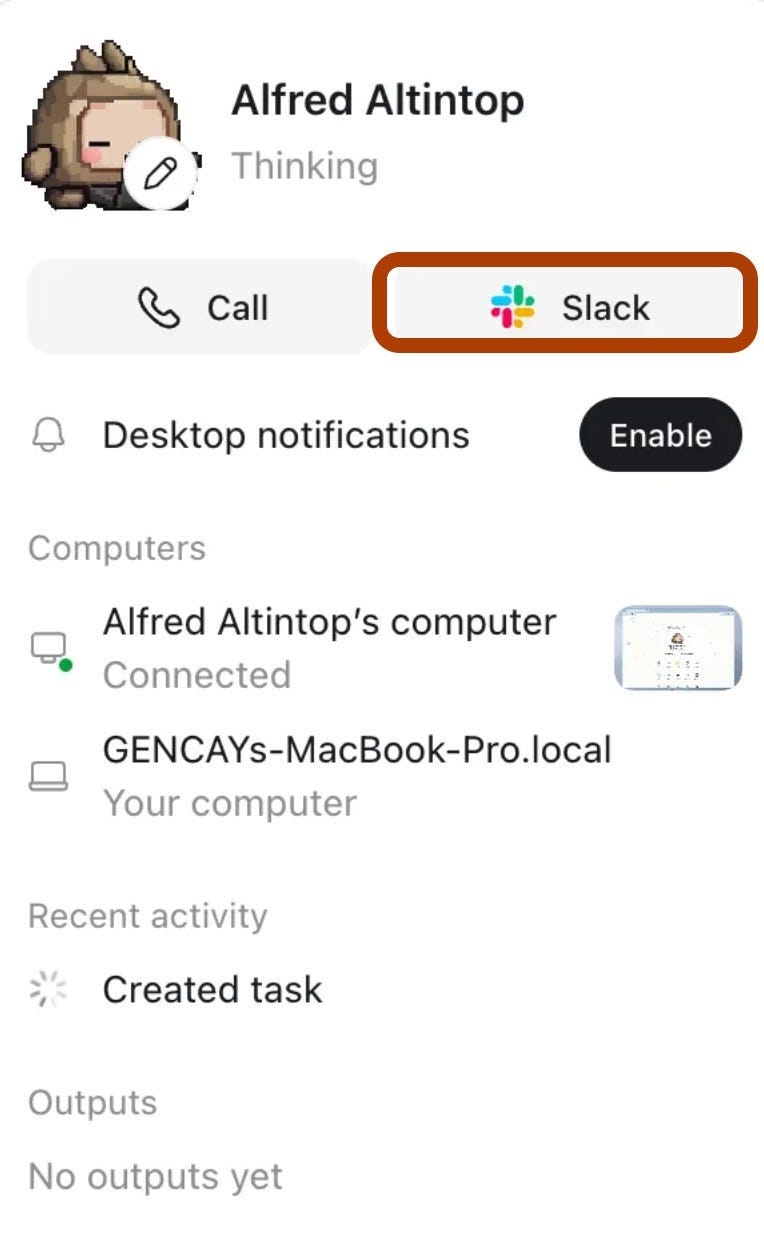 OpenAI Dots profile of Alfred Altintop with the Slack button next to Call