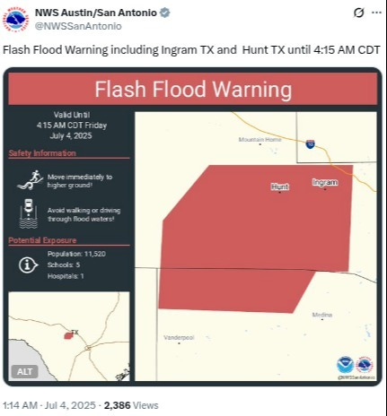 The National Weather Service began warning about flash flooding in Kerr County shortly after 1AM on July 4, 202 The National Weather Service began warning about flash flooding in Kerr County shortly after 1AM on July 4, 202