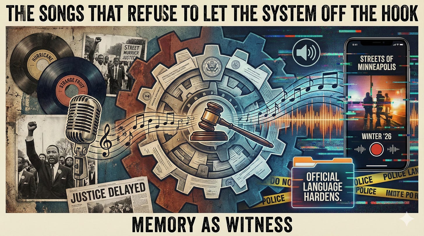 A collage illustration featuring vinyl records of "Hurricane" and "Strange Fruit" alongside a modern smartphone playing "Streets of Minneapolis." Musical notes flow through and disrupt a large mechanical gear made of bureaucratic documents and a gavel, symbolizing music's power to interrupt systemic injustice.