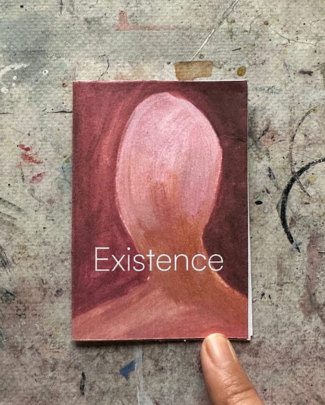 Photos of each page of the Existence Zine showing several oil painting images