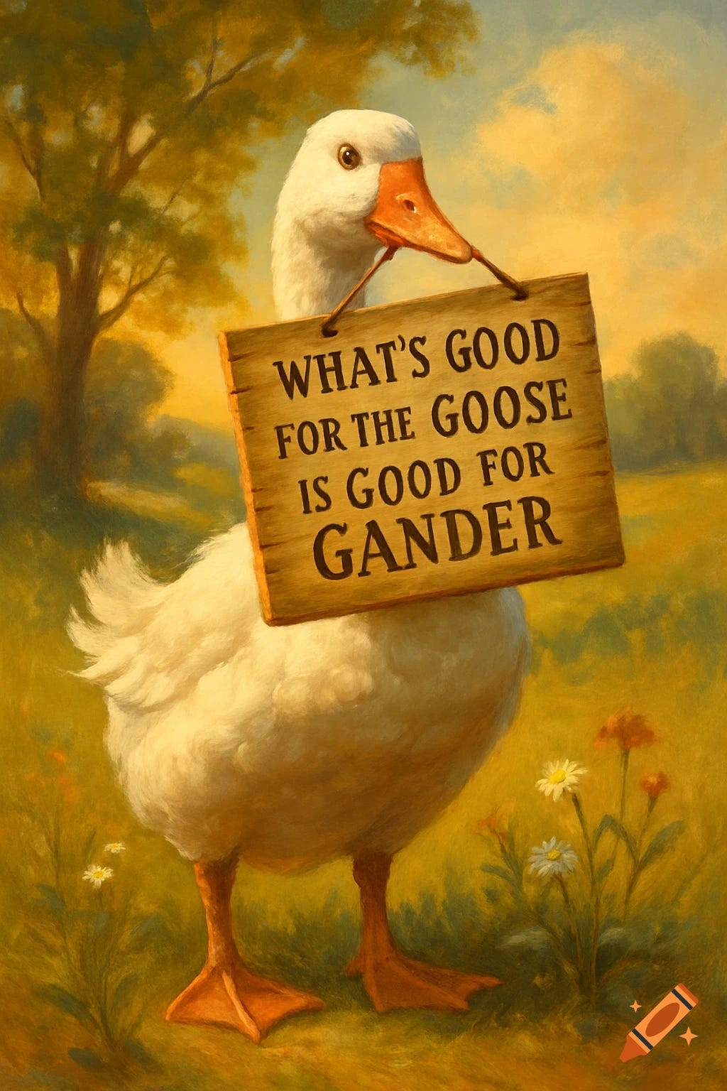 A white goose holds a wooden sign reading 'What's good for the goose is good for gander' in a golden painted field.