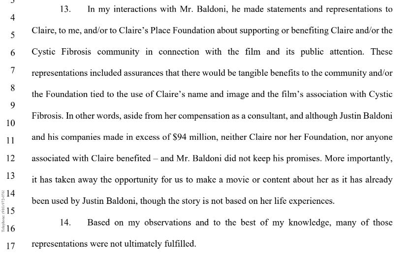 Claire Wineland’s mother, Melissa Yeager, gave a declaration about her experiences working with Baldoni Claire Wineland’s mother, Melissa Yeager, gave a declaration about her experiences working with Baldoni