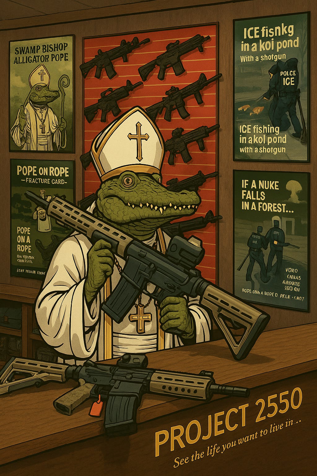 Ice fishing in a koi pond. If a nuke falls in the forest, Swamp Bishop Alligator Pope on a Rope. It's a Pope in front of a machine gun retail store in an AI-generated image. Ice fishing in a koi pond. If a nuke falls in the forest, Swamp Bishop Alligator Pope on a Rope. It's a Pope in front of a machine gun retail store in an AI-generated image.