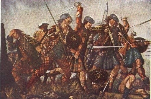 Detail of a painting of Jacobites at the Battle of Culloden. The Artist  modeled them on Jacobite prisoners captured at the battle.