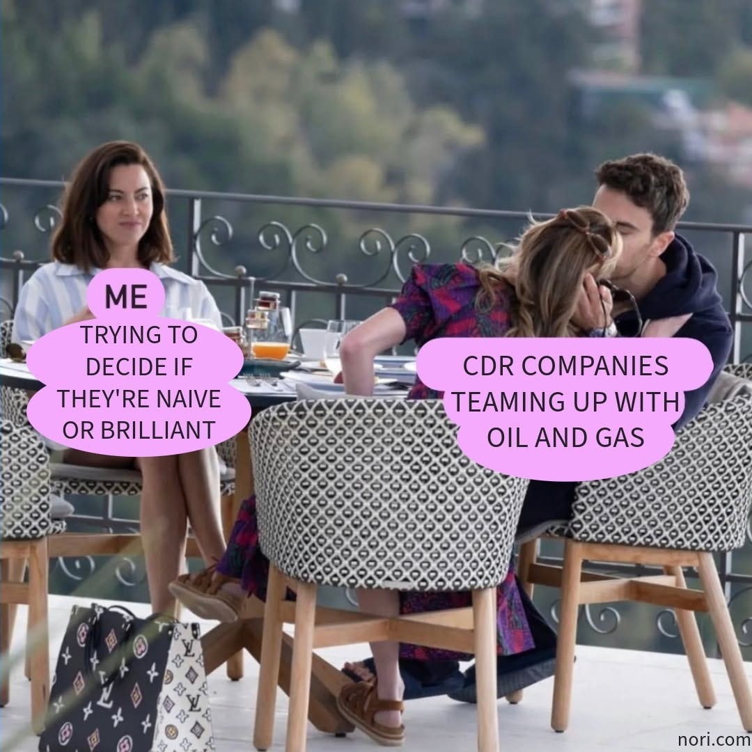 A woman at a café table watching a couple kiss. She is labelled "Me trying to decide if they're naive or brilliant"; the couple "CDR companies teaming up with oil and gas".