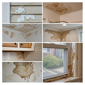 "Eight examples of interior paint bubbling and peeling on walls, ceilings, and window frames showing moisture damage from condensation and water infiltration"