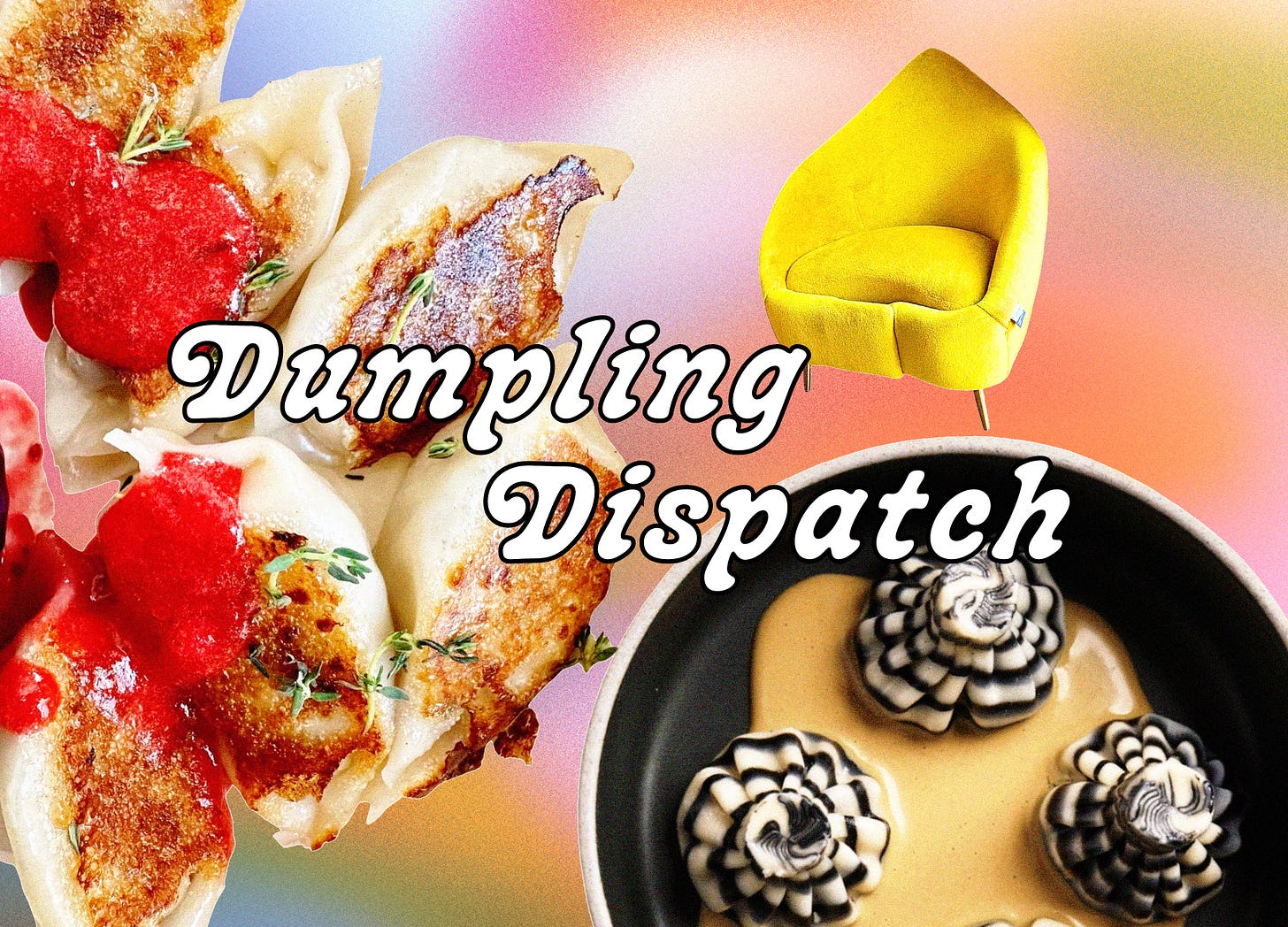 collage of Thanksgiving dumplings, black and white khinkali, and a tortellini chair with the words Dumpling Dispatch