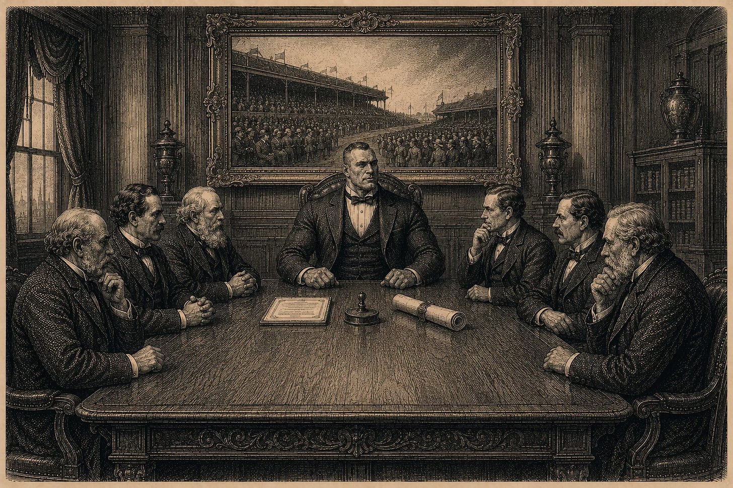 Wood-engraving editorial illustration in the Thomas Nast Harper's Weekly style for Attention Capital's essay How WWE Sold the Same Audience Four Times. A grand corporate boardroom interior holds a long oak table surrounded by seven Victorian board members, with a single muscular athletic figure seated at the head of the table dressed and seated as a director. Three items sit before this figure: a bound stock certificate, a carved trademark seal, and a service agreement scroll. A heavy gilt-framed oil painting on the far wall depicts a stadium grandstand crowd. The image visualizes Dwayne Johnson's January 2024 appointment to the TKO board with a $30 million-plus stock grant and the transfer of the Rock trademark from WWE back to Johnson, the athlete-as-cap-table-architect template at the center of the essay's argument and the connection to Attention Capital's prior piece The Playbook Already Built.