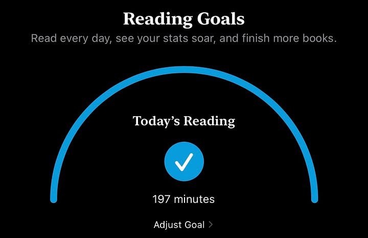 screenshots of the Apple Books app showing the amount of reading I've done each day