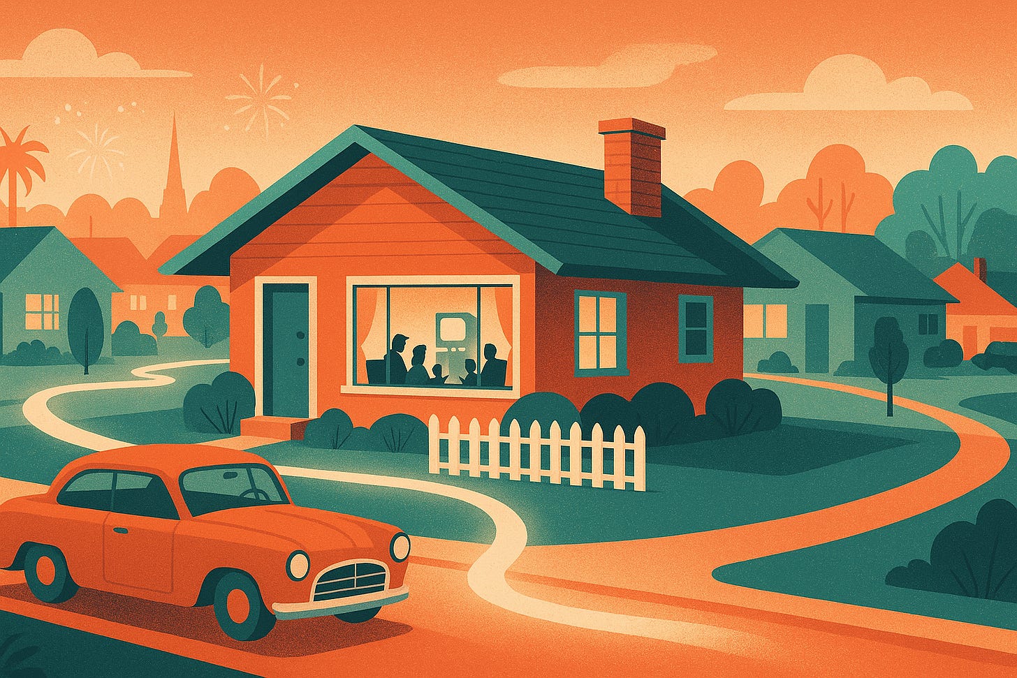 Stylized mid-century illustration of a 1950s suburban neighborhood at sunset, showing a glowing family home with silhouettes gathered by a television, a vintage car in the driveway, and a winding path connecting the houses — symbolizing shared progress and the American middle-class dream.