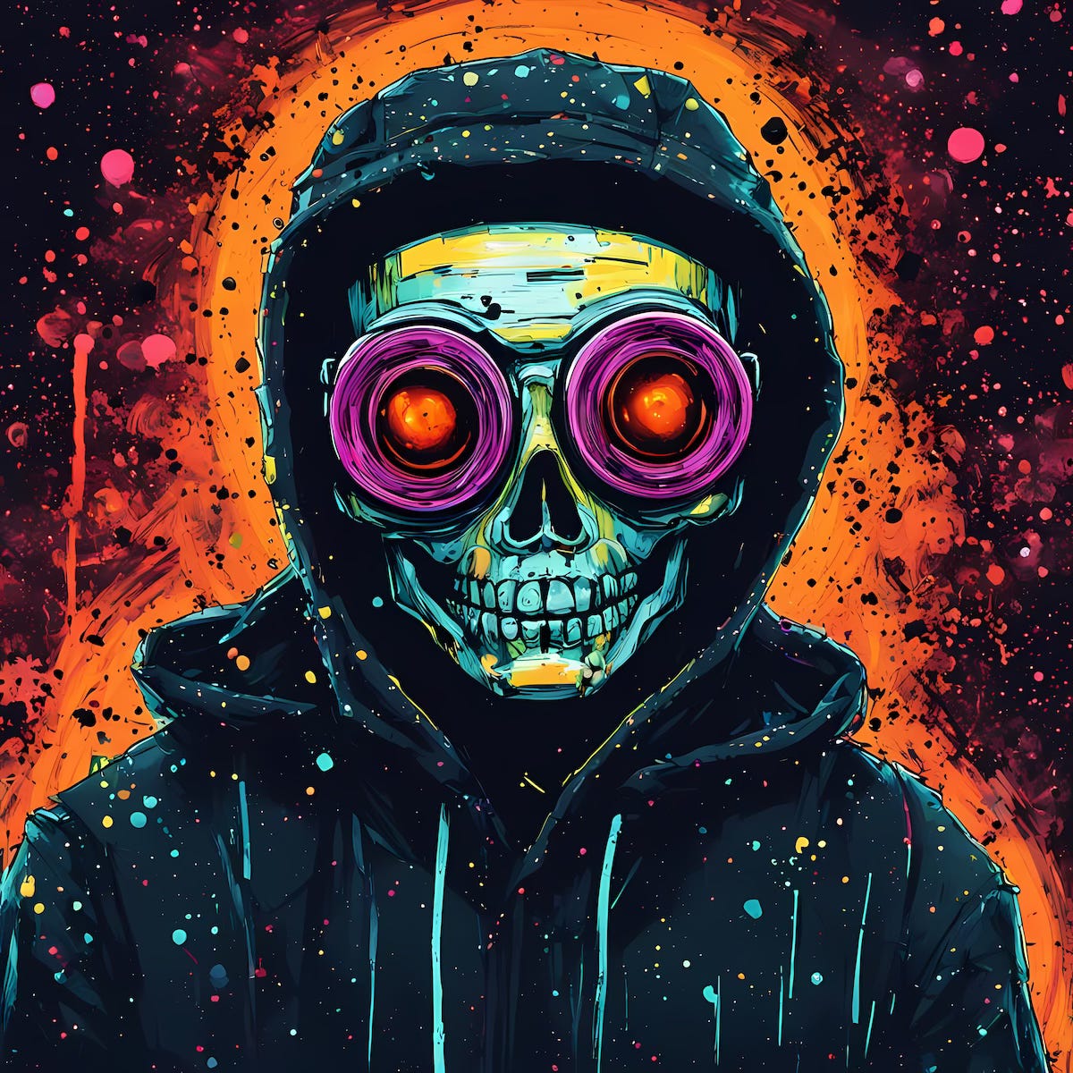 A2A album art a grinning red eyed skull in a hoodie