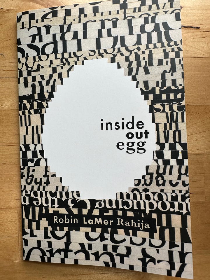 cover of inside out egg poetry collection is a white egg shape surrounded by letters