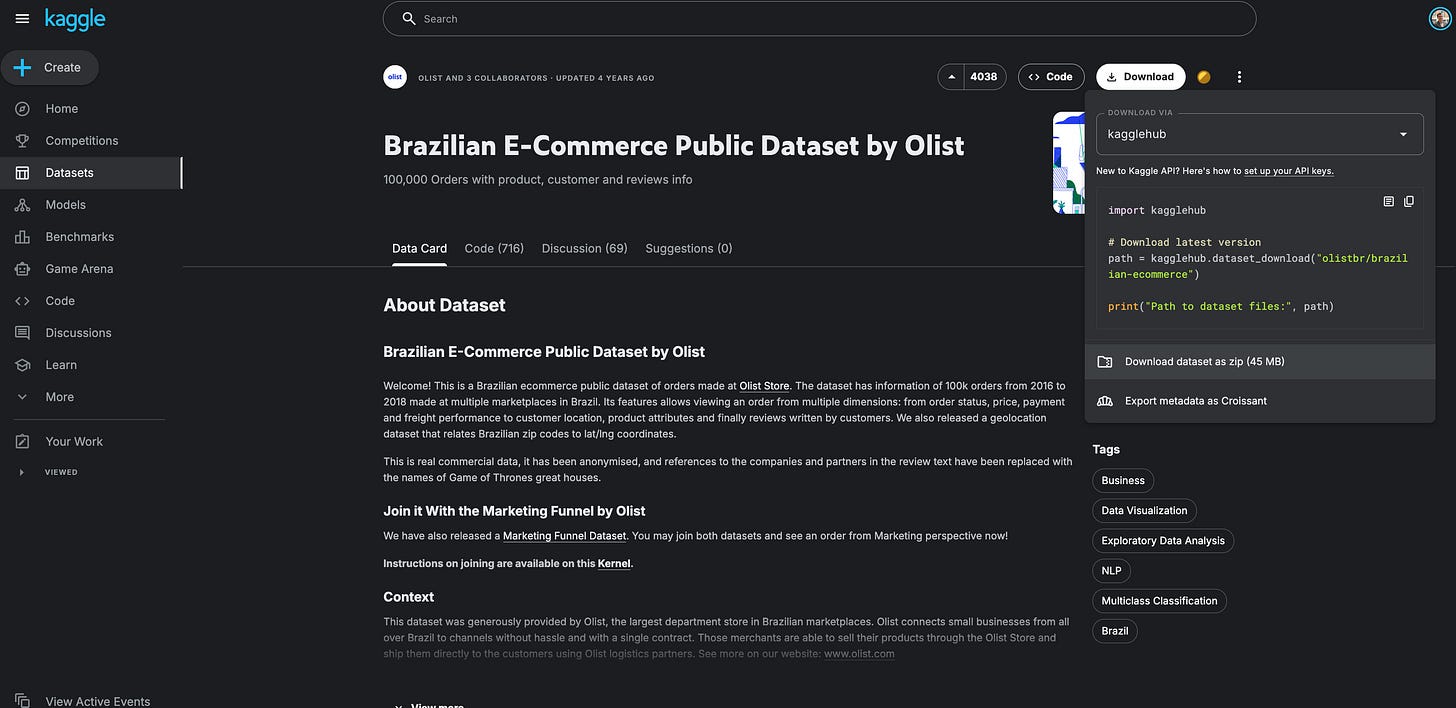 The Kaggle web page for the Brazilian E-Commerce Public Dataset by Olist, showing a download button and dataset details. The Kaggle web page for the Brazilian E-Commerce Public Dataset by Olist, showing a download button and dataset details.