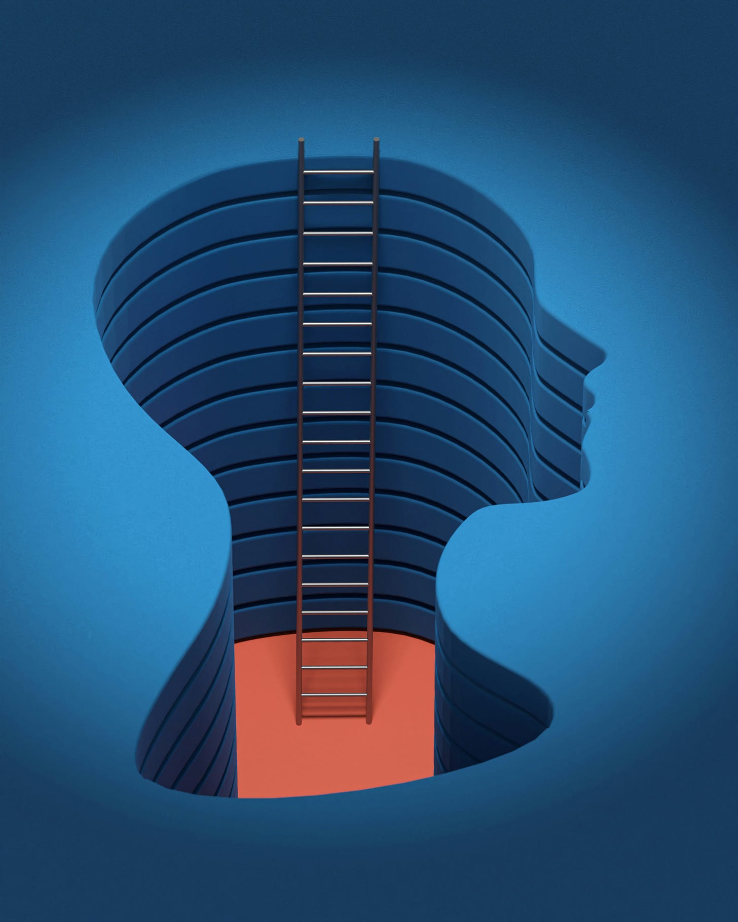 A head-shaped hole in the ground with a ladder leading out of it.