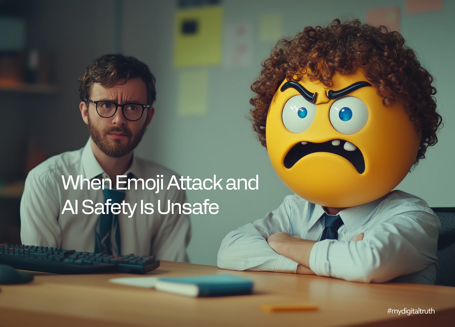 A satirical image of two office workers: one man with glasses looking confused and another with a giant angry emoji face instead of a human head. They are seated at a desk with a computer in a modern office environment. The text reads 'When Emoji Attack and AI Safety Is Unsafe' with the hashtag '#mydigitaltruth' at the bottom.