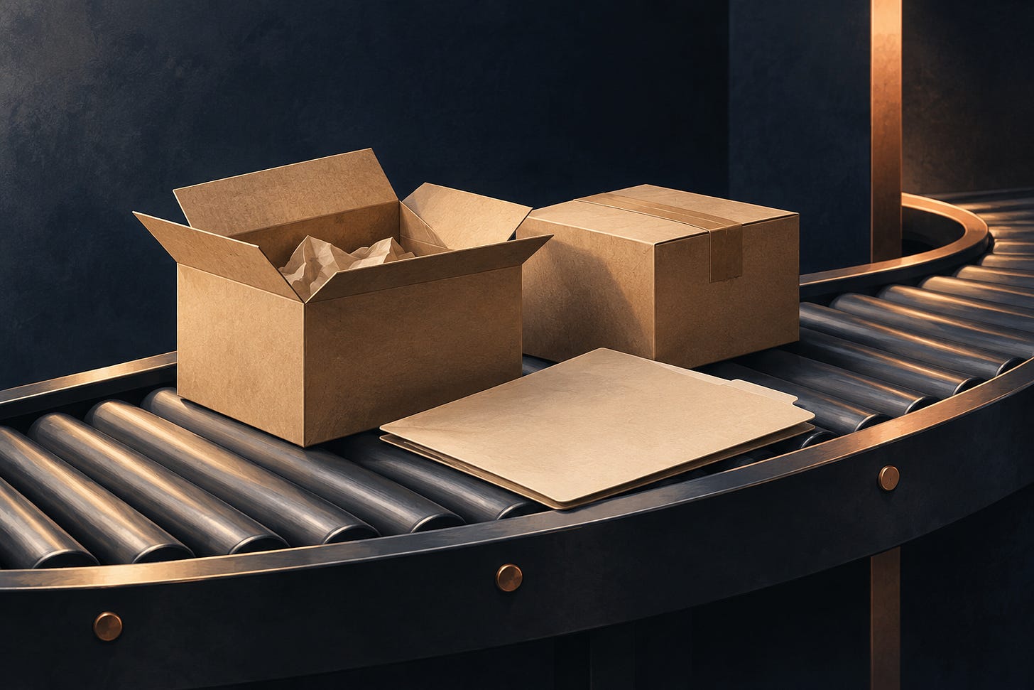 Illustration of an open parcel, a sealed parcel and a plain folder on a conveyor. Illustration of an open parcel, a sealed parcel and a plain folder on a conveyor.